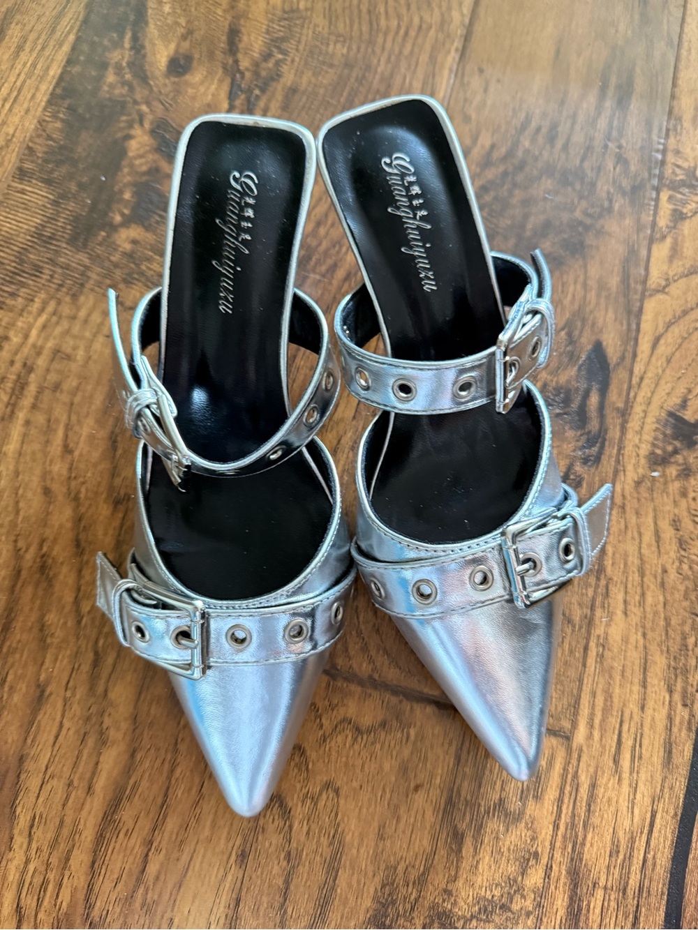 Metallic Silver Pointed Buckle Mules - shein us7